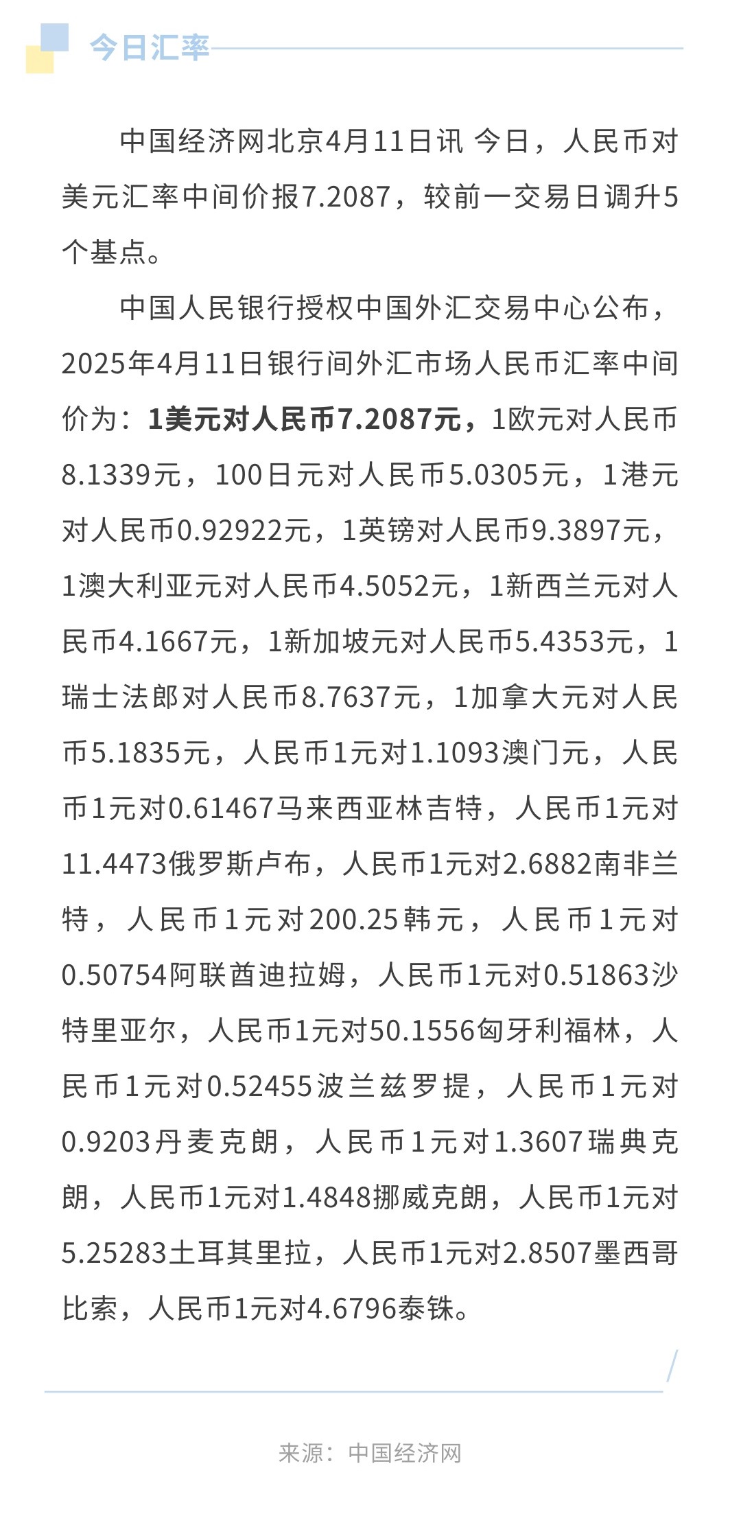 4月11日人民币兑美元中间价报7.2087，调升5个基点-普悦国际